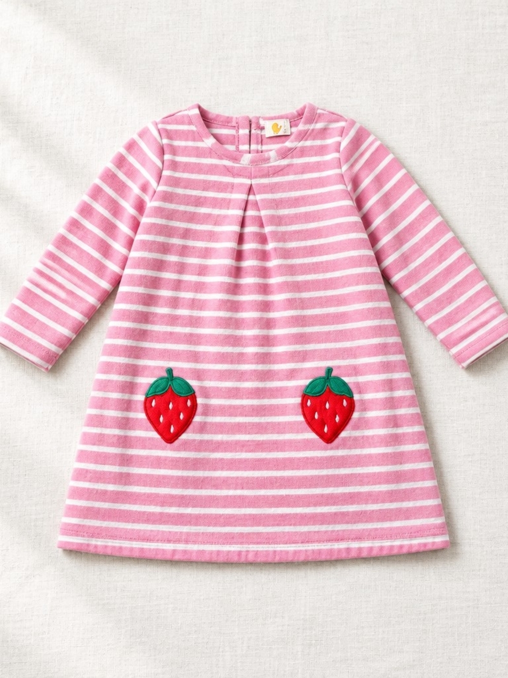 Baby Boden Pink and White Striped Dress with Strawberry Pockets Sz 18/24 Months